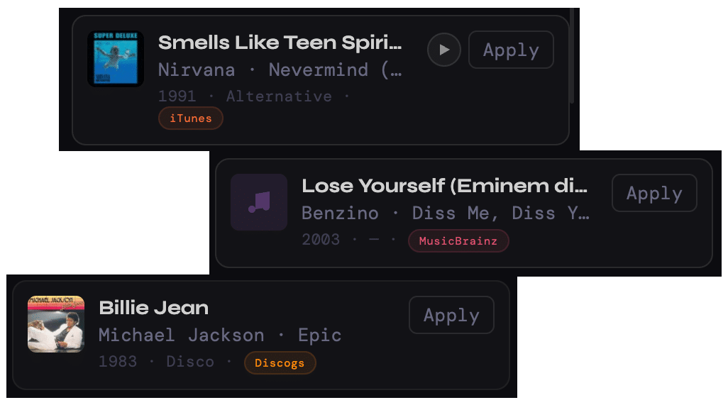 MP3tag Studio showing automatic metadata lookup results from iTunes and MusicBrainz