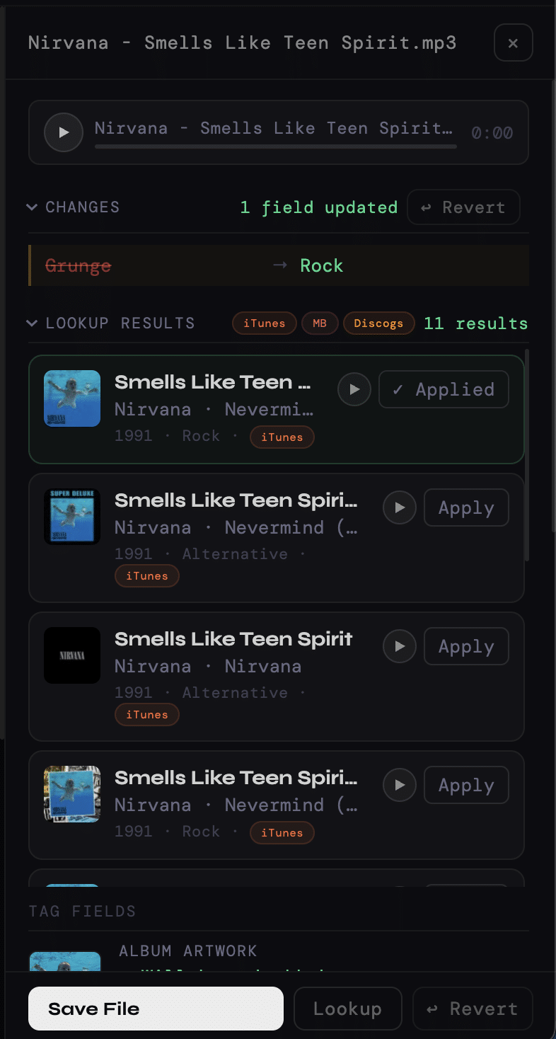 MP3tag Studio edit panel showing track metadata fields and auto-populated lookup results with artwork