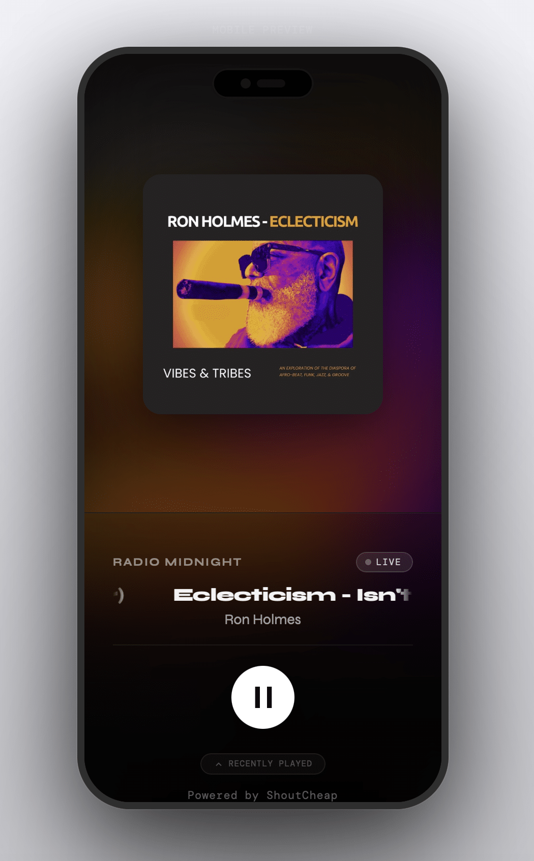 Player Studio Mobile layout on iPhone showing full-screen player with blurred album art background, station name, track title, and large play button