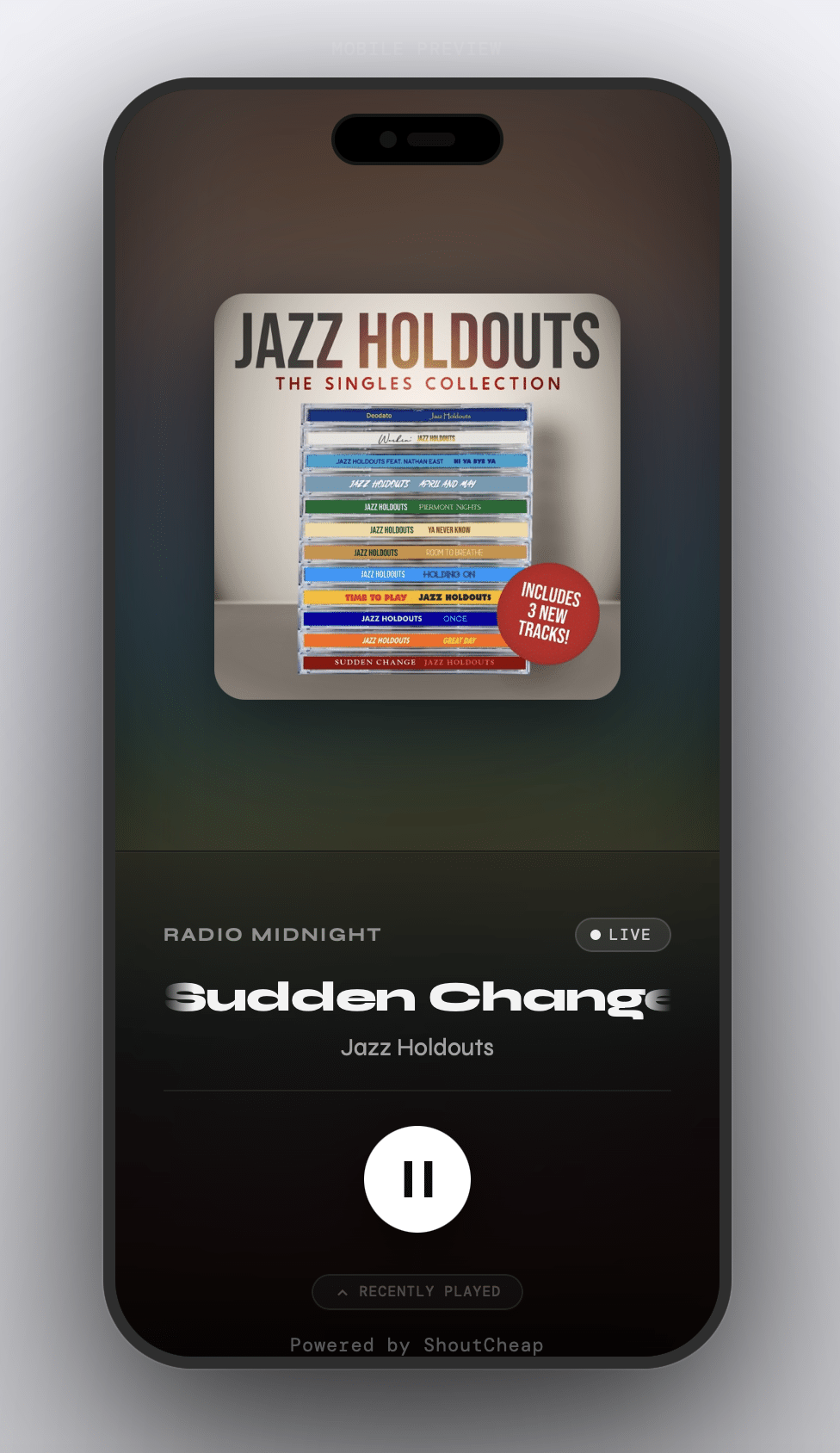 Player Studio Mobile layout on iPhone showing warm orange tones from Club des Belugas album art as the blurred background