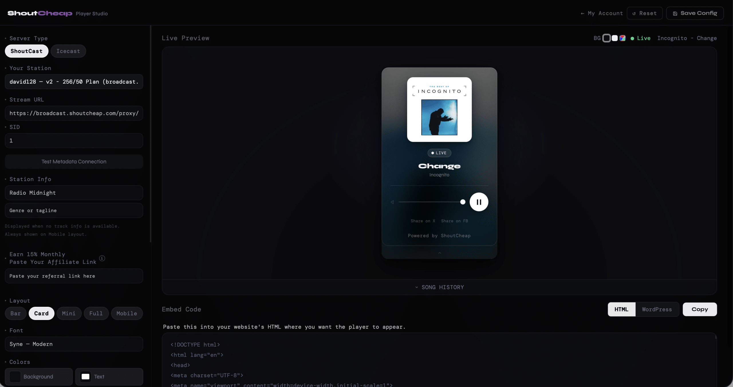 Player Studio interface showing sidebar controls and live Card layout preview with real album art