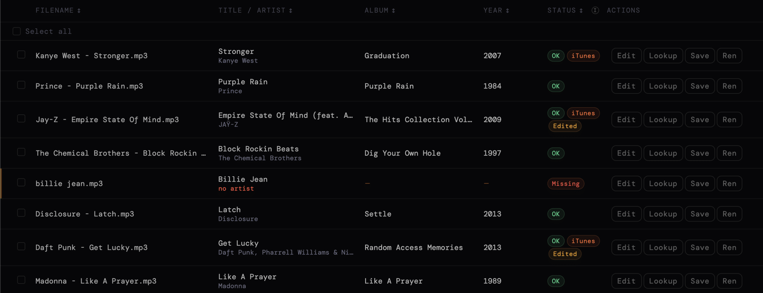 MP3tag Studio showing a list of radio tracks with metadata status indicators